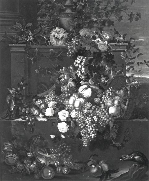 A. C. Cooper — Gaspar Peeter de Verbruggen - sec. XVII/ XVIII - Natura morta con frutta, fiori e scimma su un basamento — insieme